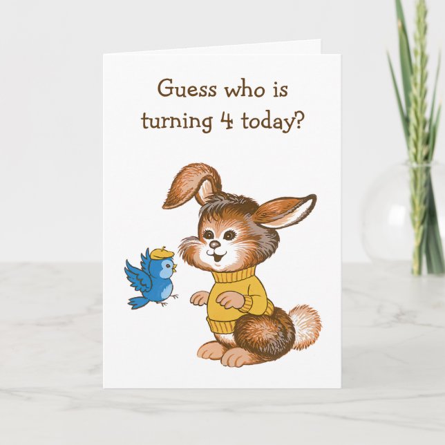 Cute Bunny and Bluebird Kids Fourth Birthday Card (Front)