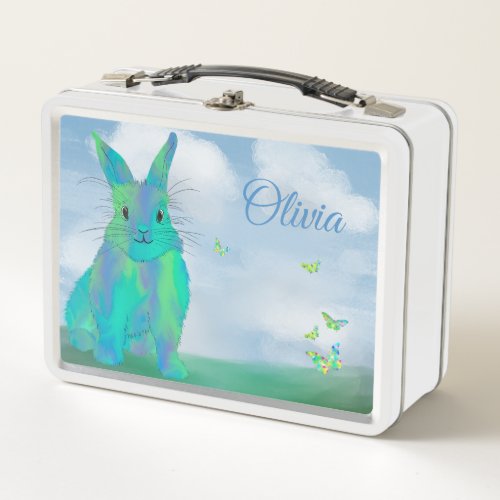 Cute Bunny and Butterflies School Personalized Metal Lunch Box