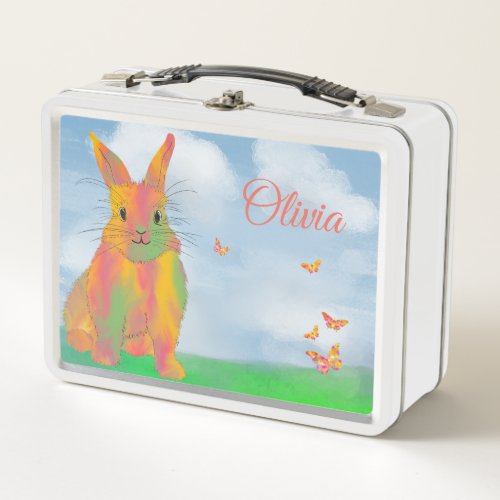 Cute Bunny and Butterfly Personalized  Metal Lunch Box