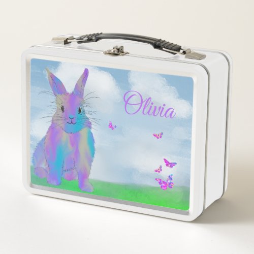 Cute Bunny and Butterfly Watercolor Name School Metal Lunch Box