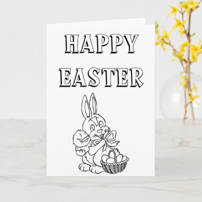 Cute Bunny and Chic Easter Card to Color  (Yellow Flower)