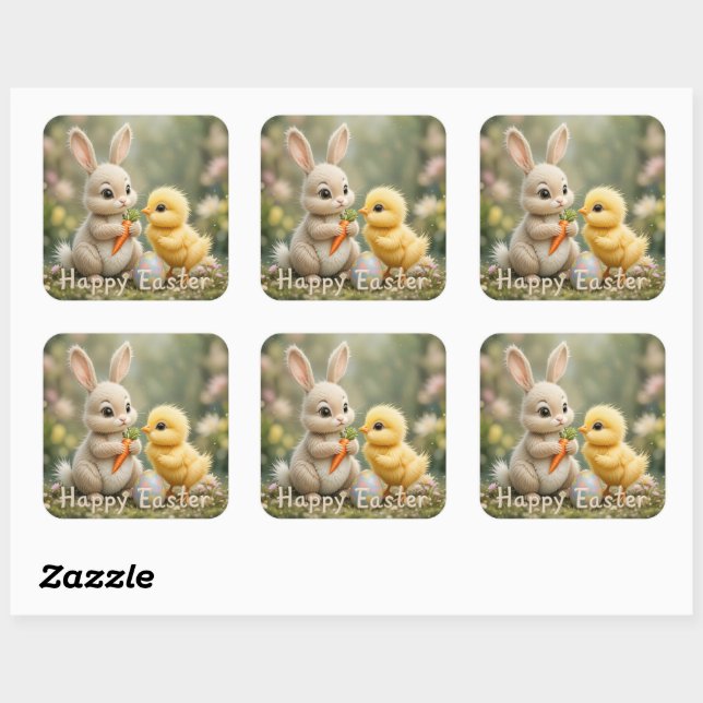 Cute Bunny and Chick Easter Scene Square Sticker (Sheet)