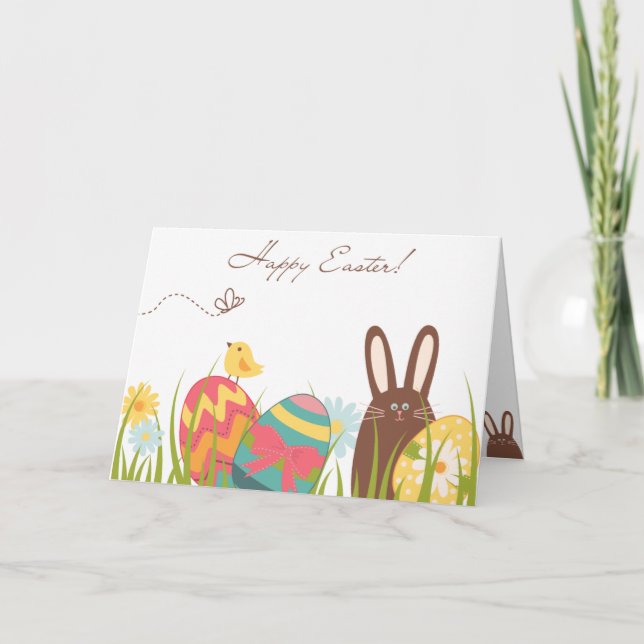 Cute Bunny and Colorful Eggs Happy Easter Holiday Card (Front)