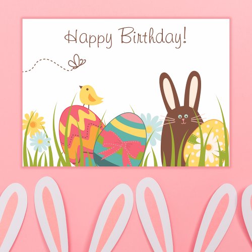 Cute Bunny and Decorated Eggs Happy Birthday Card