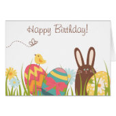 Cute Bunny and Decorated Eggs Happy Birthday Card (Front Horizontal)