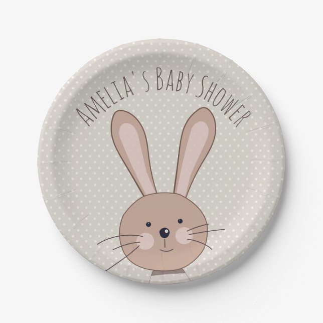 Cute Bunny and Dots Custom Baby Shower Paper Plates (Front)