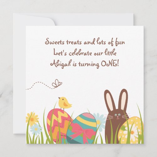 Cute Bunny and Easter Eggs 1st Birthday Invitation