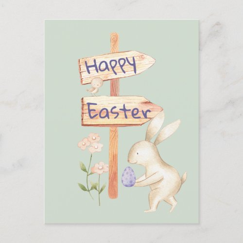 Cute Bunny and Egg Happy Easter on Pastel Green Postcard