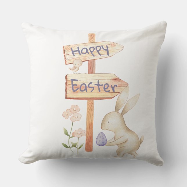 Cute Bunny and Egg Happy Easter Throw Pillow (Front)