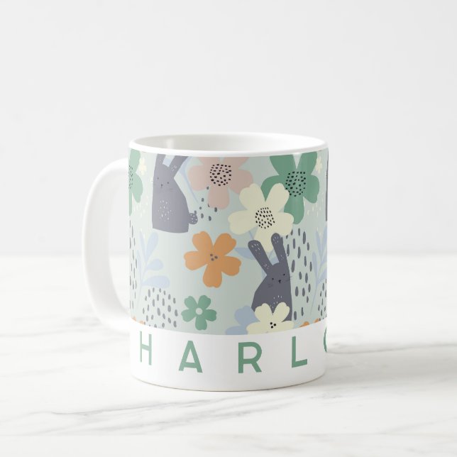 Cute Bunny and Floral Personalized Mug | Custom  (Front Left)