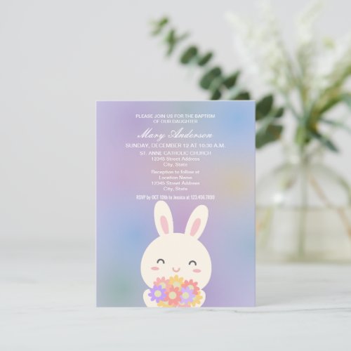 Cute Bunny and Flowers Baby Christening Baptism Invitation