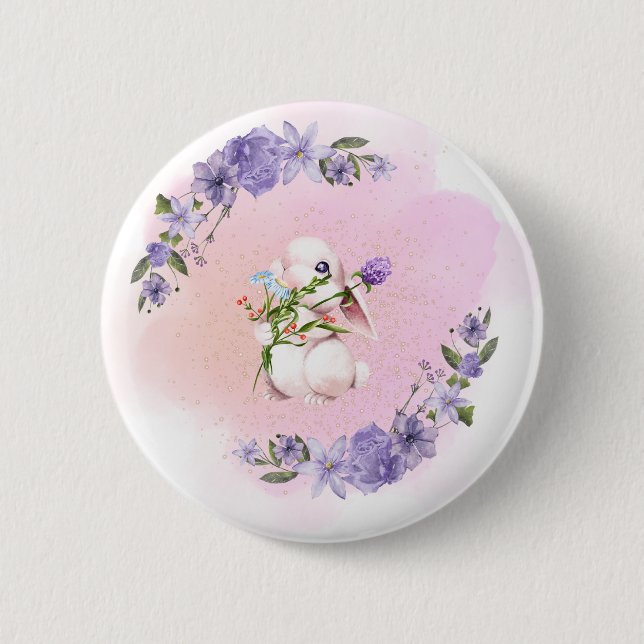 Cute Bunny and Flowers   Button (Front)
