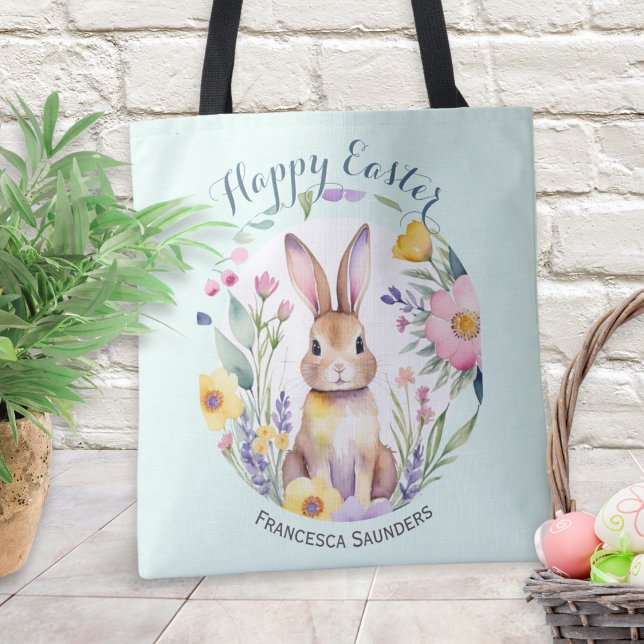 Cute Bunny and Flowers Pretty Happy Easter Tote Bag (A personalized tote bag with cute Easter bunny and flowers picture in a watercolor style)