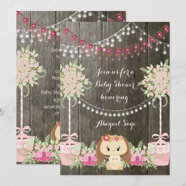 Cute Bunny and Flowers Rustic Baby Shower Invite (Front/Back)