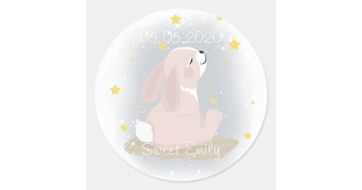 Cute Bunny and gold stars. Classic Round Sticker | Zazzle