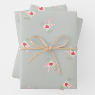 Cute bunny and hearts pattern gray wrapping paper sheets