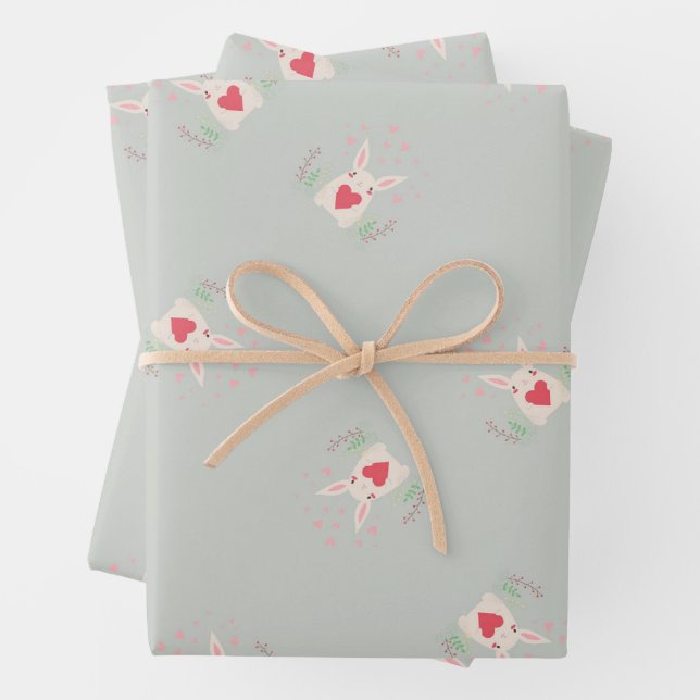 Cute bunny and hearts pattern gray wrapping paper sheets (In situ)