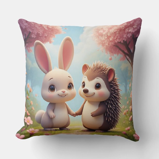 Cute Bunny And Hedgehog Holding Hands Throw Pillow (Front)