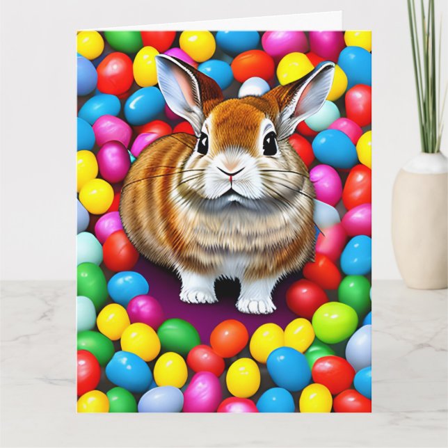 Cute Bunny and Jellybeans Happy Easter Greeting Card (Front)