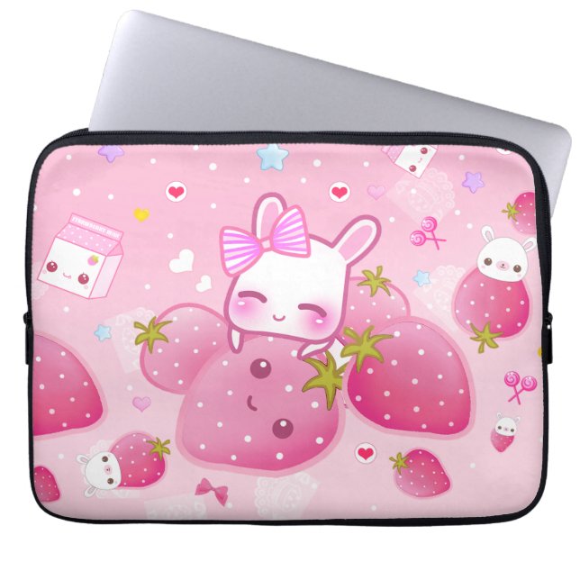 Cute bunny and kawaii strawberries laptop sleeve (Front)