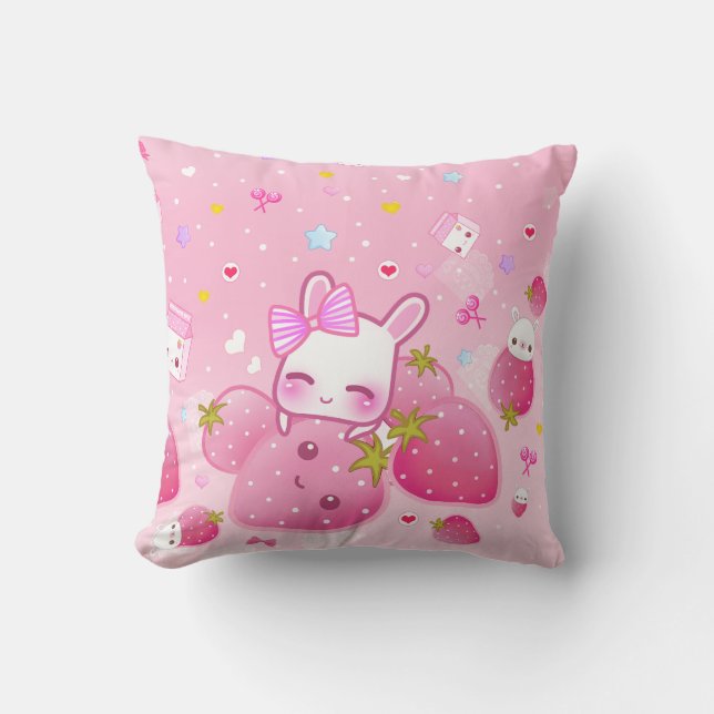 Cute bunny and kawaii strawberries throw pillow (Front)