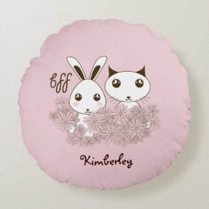 Cute Bunny and Kitten Animal Friends Kids Pink Round Pillow