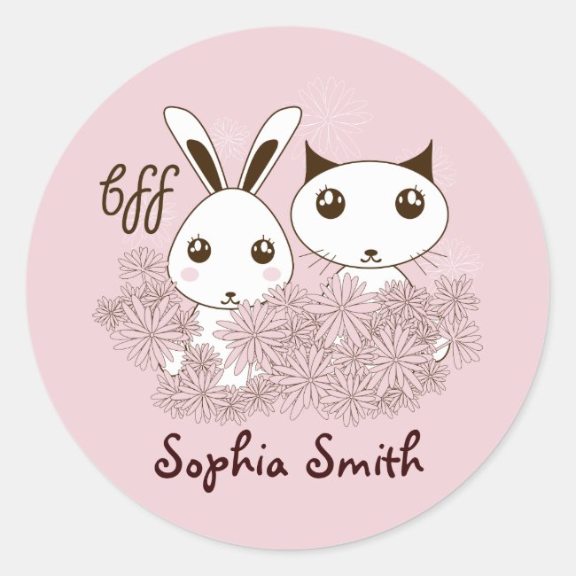 Cute Bunny and Kitten Friendship Kids Name Pink