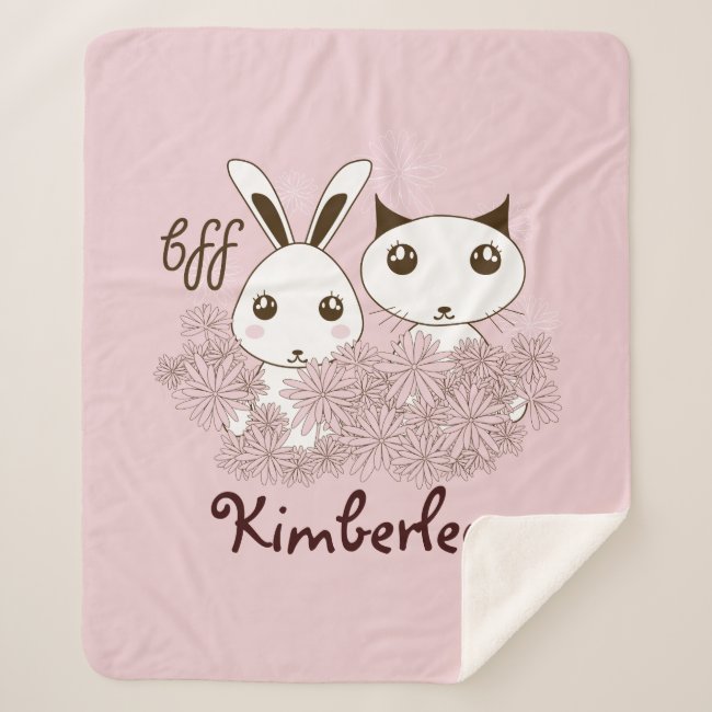 Cute Bunny and Kitten Kids Cartoon Girl BFF Pink