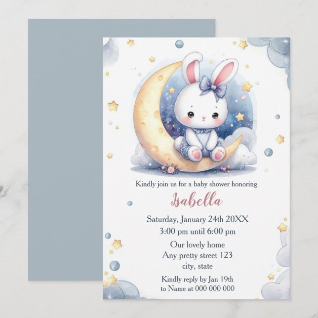 cute bunny and lovely moon baby shower invitation (Front/Back)