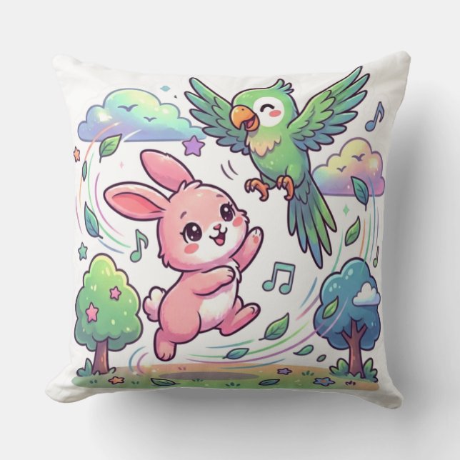 Cute Bunny and Parrot Playing Sticker |  Throw Pillow (Front)