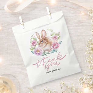 Cute Bunny and Pink Flowers Baby Shower Thank You Favor Bag