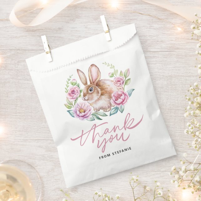 Cute Bunny and Pink Flowers Baby Shower Thank You Favor Bag (Clipped)