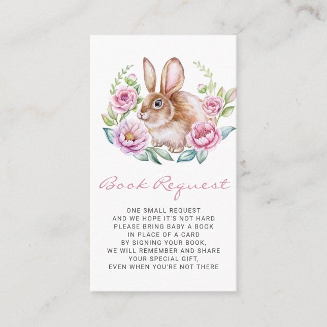 Cute Bunny and Pink Flowers Wreath Book Request Enclosure Card (Front)