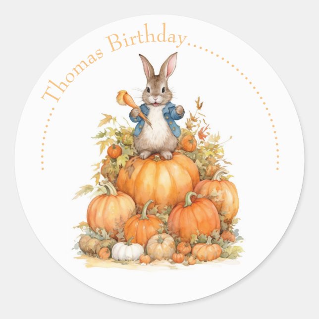 Cute Bunny and pumpkins Fall Birthday Classic Round Sticker (Front)