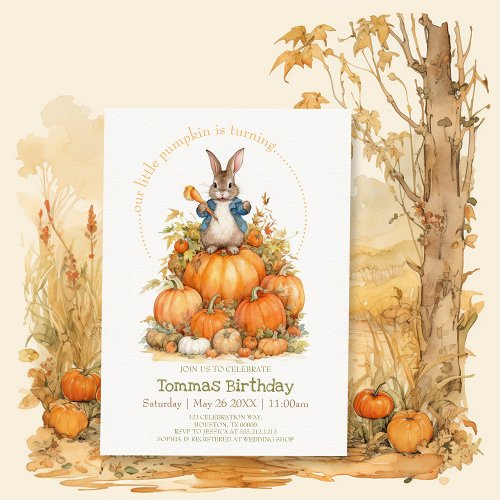 Cute Bunny and pumpkins Fall Birthday Invitation