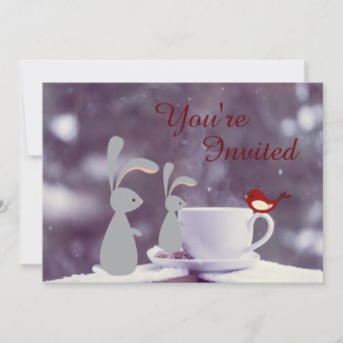 Cute Bunny and Tea Cup in Snow 1st Birthday Invitation