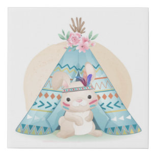 Cute Bunny and Teepee Faux Canvas Print