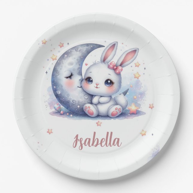 cute bunny and the moon birthday  paper plates (Front)