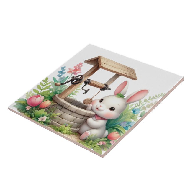 Cute bunny and well Country  Ceramic Tile (Side)
