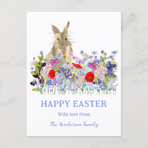 Cute Bunny and Wildflowers Happy Easter Holiday Postcard