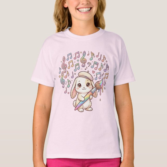 Cute Bunny Artist Kids T-Shirt – Music & Painting  (Front)