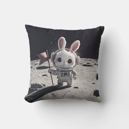 Cute Bunny as Astronaut Landed on Moon Surface Throw Pillow