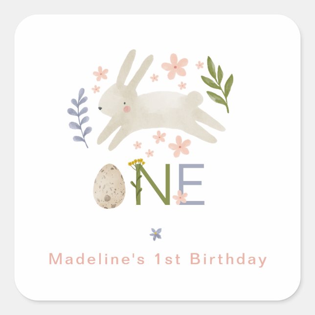 Cute Bunny Baby Girl 1st Easter Birthday Square Sticker (Front)