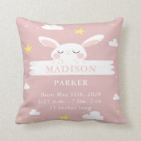 Cute Bunny Baby Girl Birth Announcement Pillow