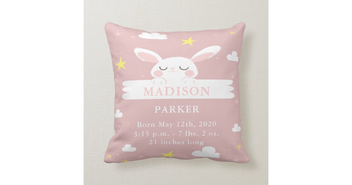 Cute Bunny Baby Girl Birth Announcement Pillow Zazzle Com