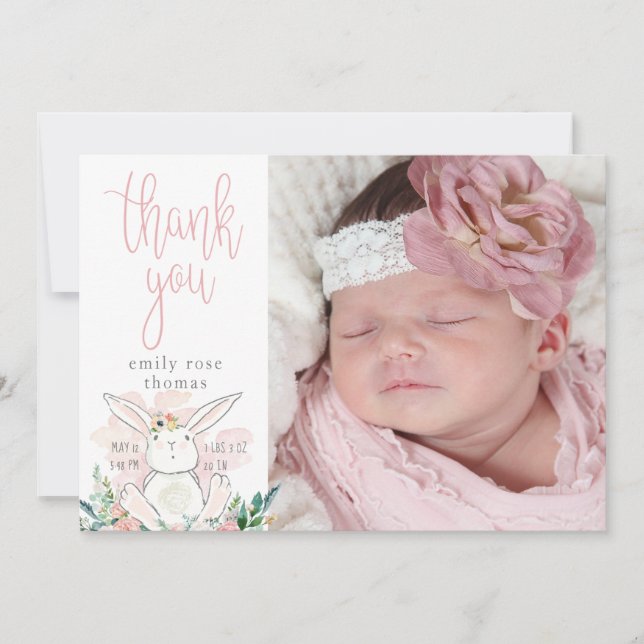 Cute Bunny Baby Girl Birth Announcement Thank You (Front)