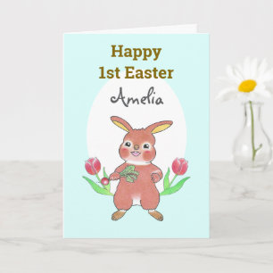 Cute Bunny Baby Happy 1st Easter Blue Folded Card