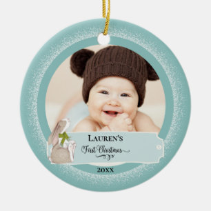 Cute Bunny Baby Photo First Christmas Ceramic Ornament
