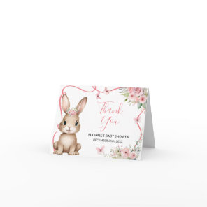 Cute Bunny Baby Shower Girl Pink Floral Folded Thank You Card