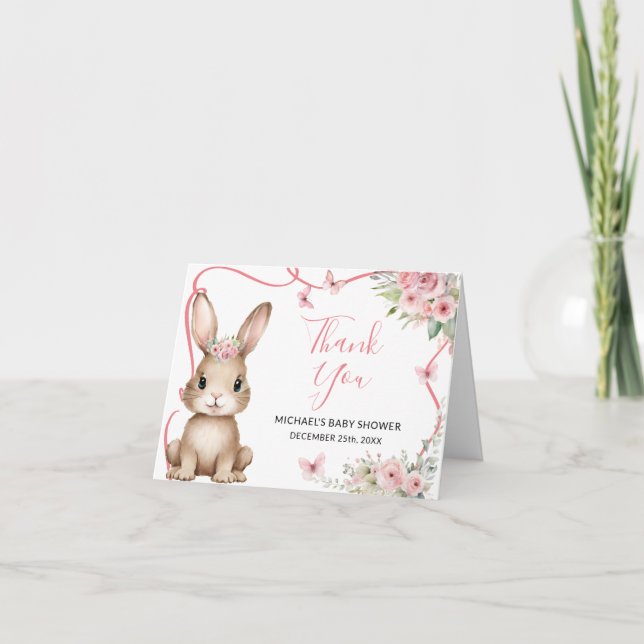 Cute Bunny Baby Shower Girl Pink Floral Folded Thank You Card (Front)